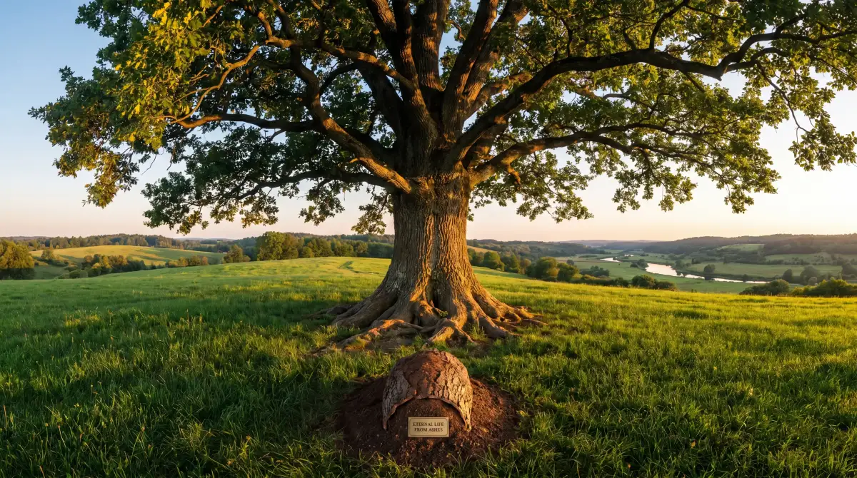 Eine einzeln stehende Eiche auf einer Wiese, davor eine kleine Gedenktafel